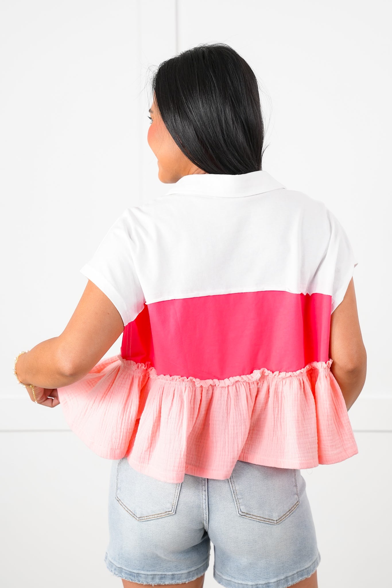 Color Block Short Sleeve Button Up Ruffle Top
