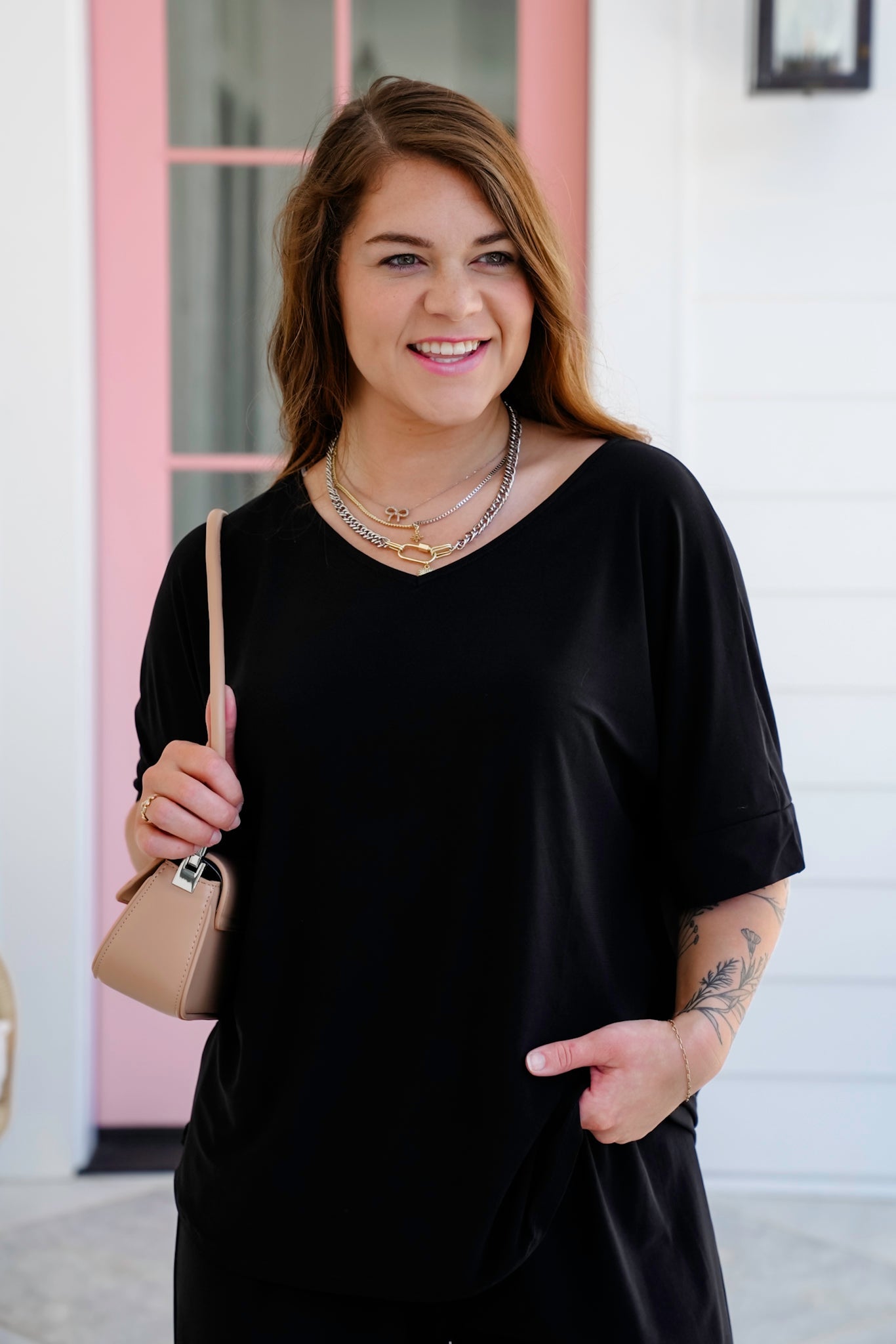 Black Short Sleeve V Neck Top and Wide Leg Pant Set