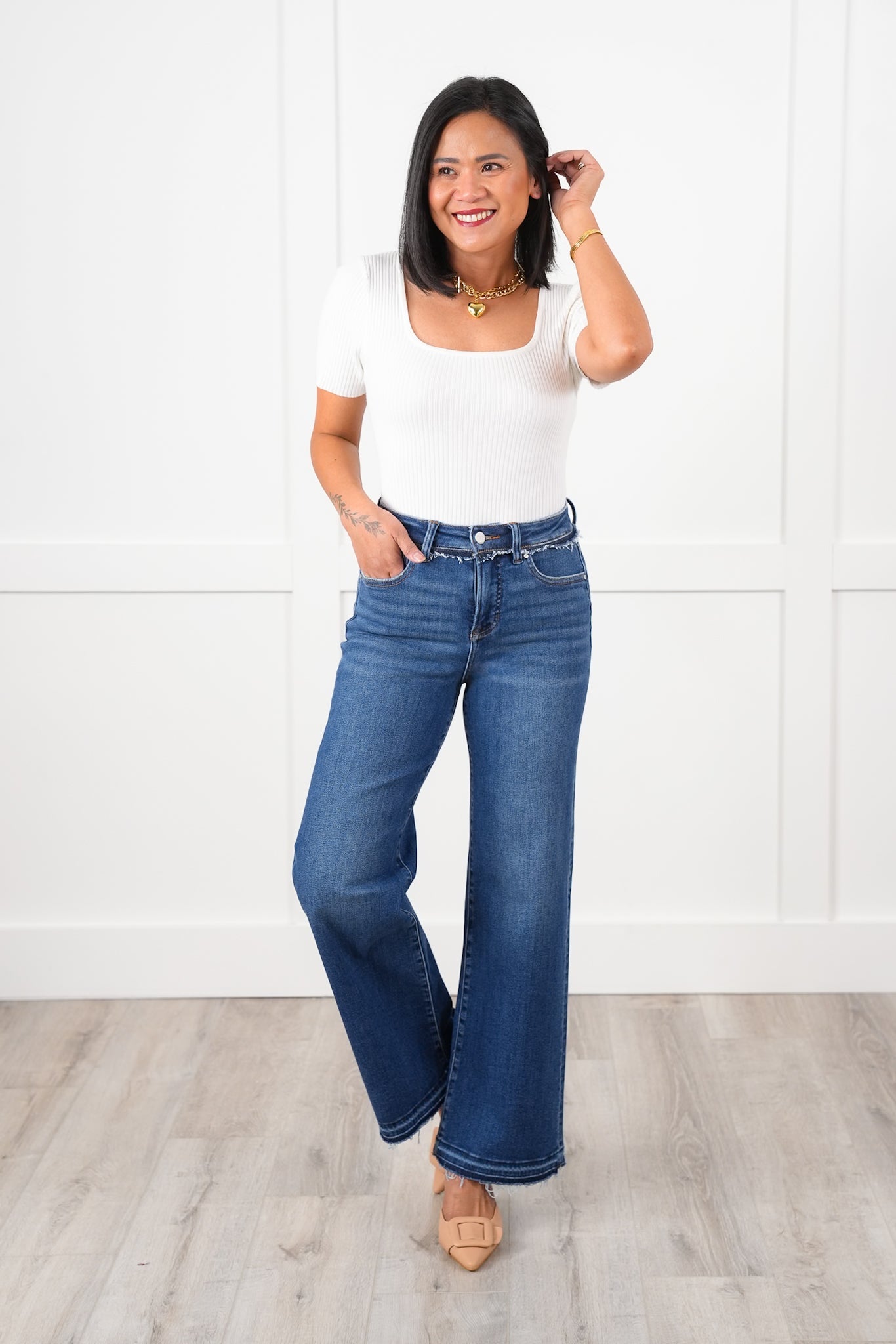 Risen High Rise Dark Wash Tummy Control Wide Leg Jeans with Released Hem