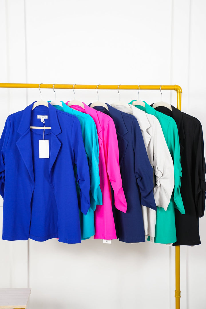Door Buster! Plus/Reg Solid 3/4 Sleeve Open Blazer with Pockets