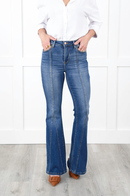 Risen High Rise Dark Wash Flare Jeans with Front Seam Detail