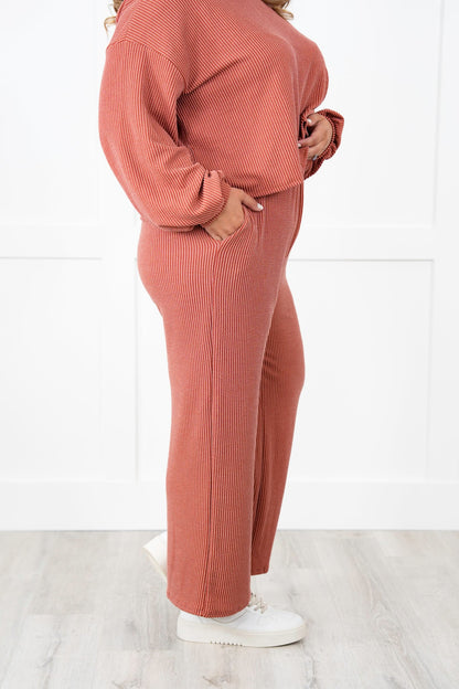 Ribbed Long Sleeve Round Top With Elastic Waistband Lounge Pant Set (Multiple Colors)