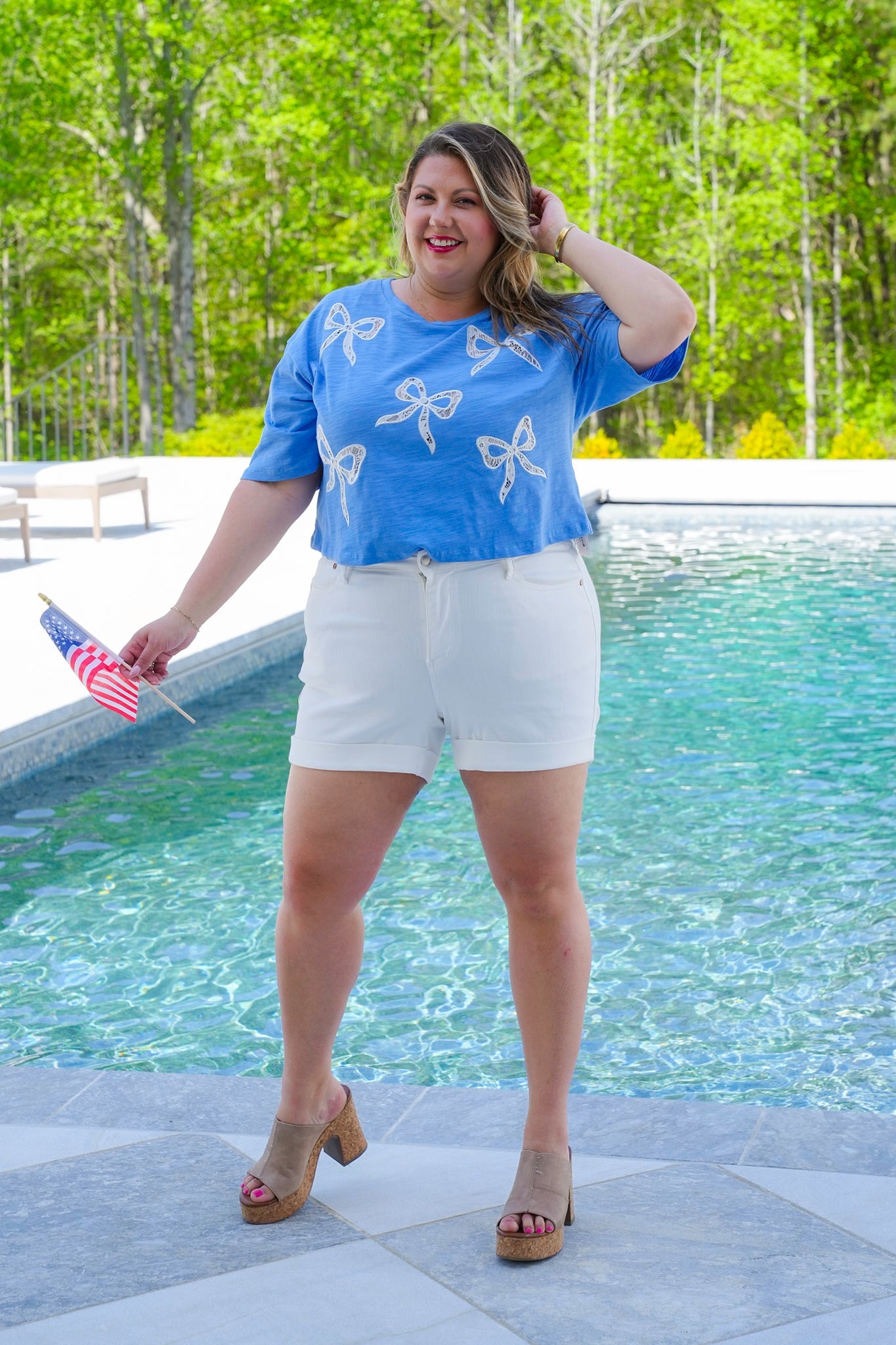 Short Sleeve Crop Top with Lace Bow Detail