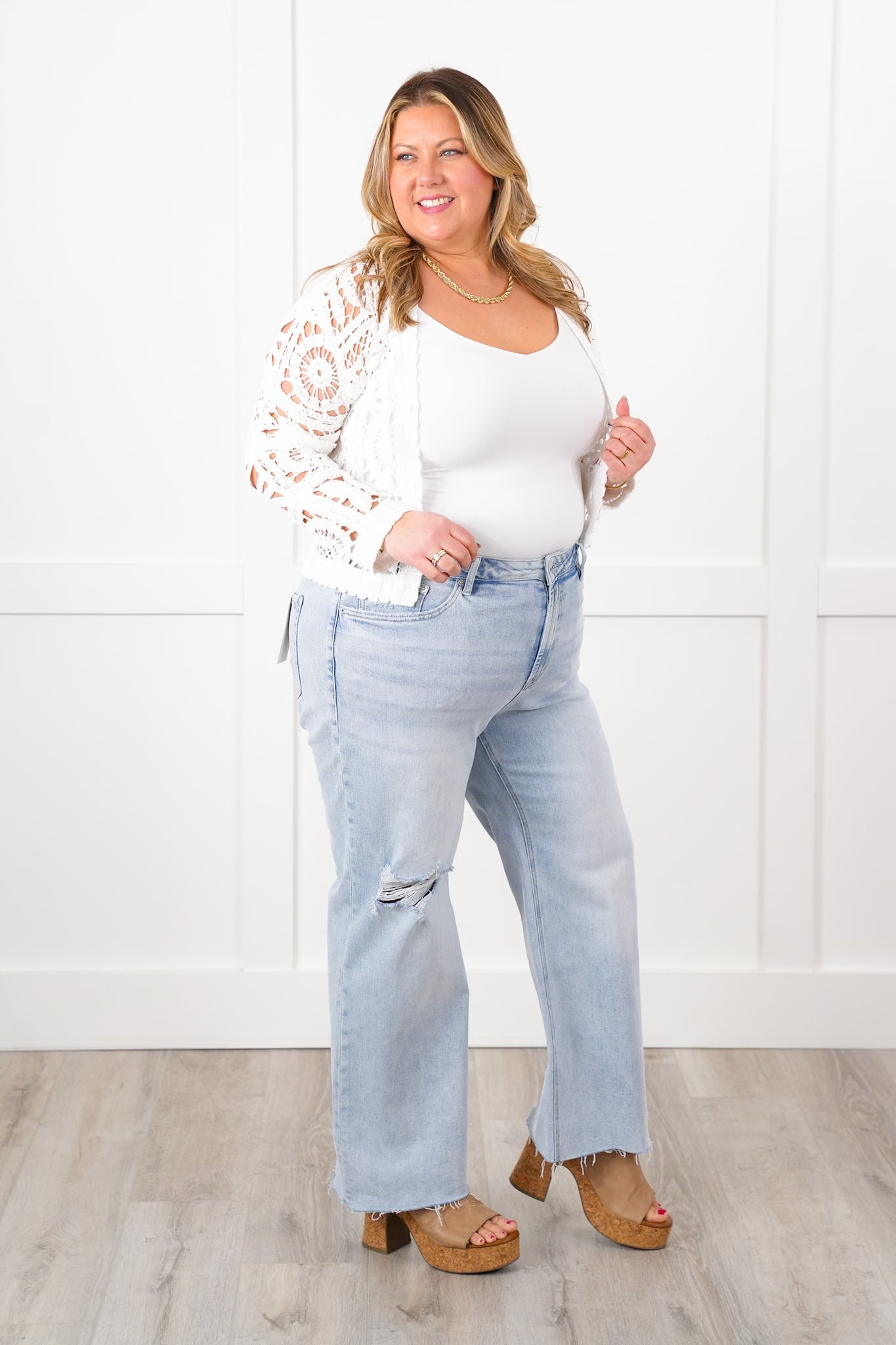 Mica High Rise Light Wash Raw Hem Wide Leg Jeans