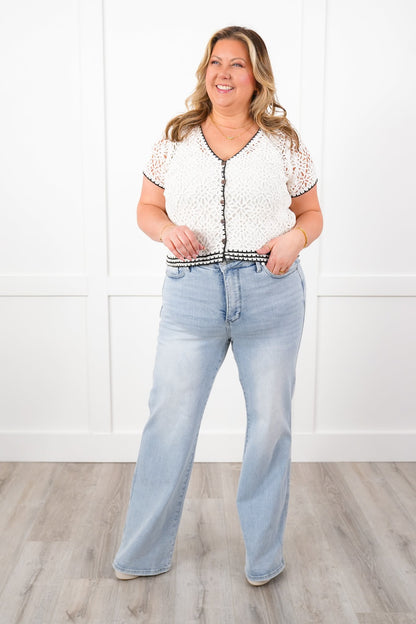 Crochet Short Sleeve V Neck Button Down Cardigan