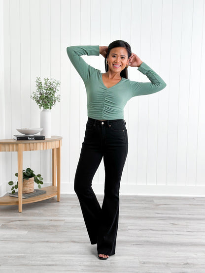 Judy Blue High Rise Black Tummy Control Cut Hem Flare Jeans