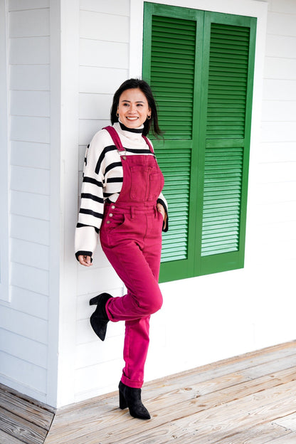 Judy Blue High Rise Maroon Garment Dyed Double Cuffed Boyfriend Overalls