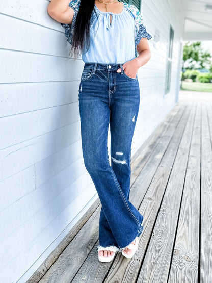 Plus/Reg Vervet High Rise Distressed Flare Jeans With Raw Hem