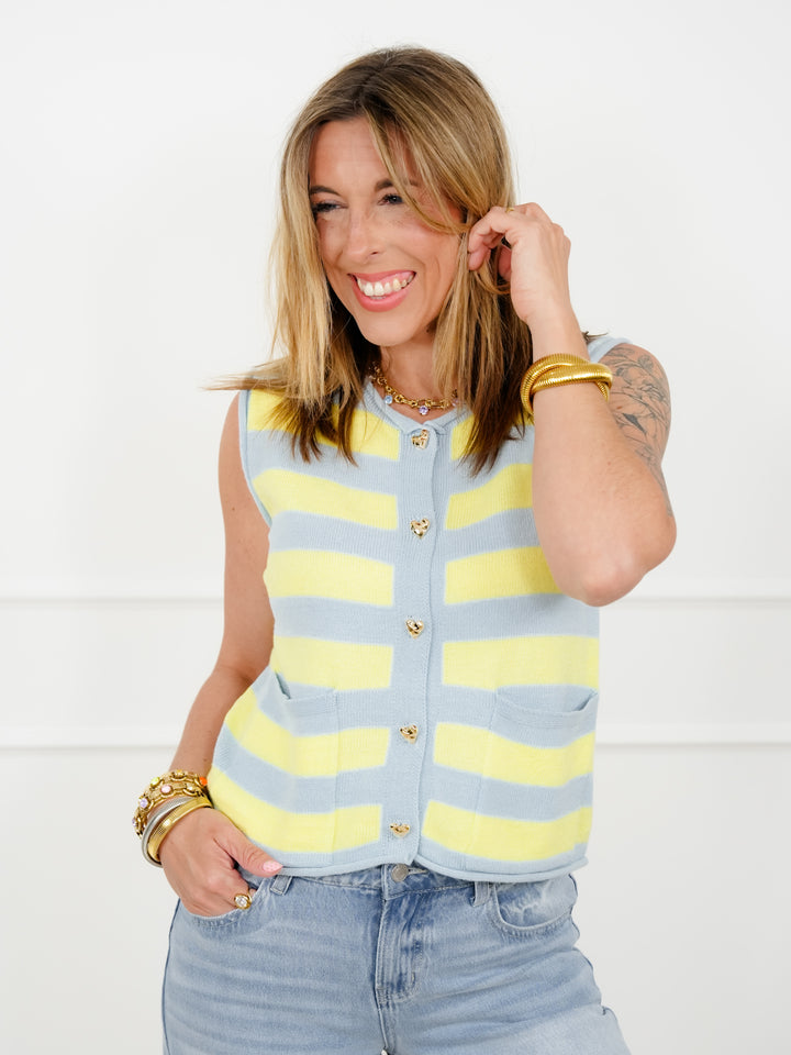 Stripe Sweater Vest with Heart Buttons