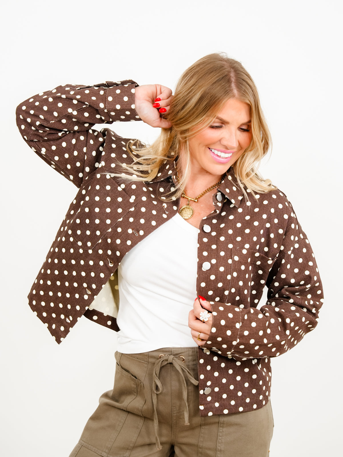 Brown Polka Dot  Long Sleeve Button Down Jacket