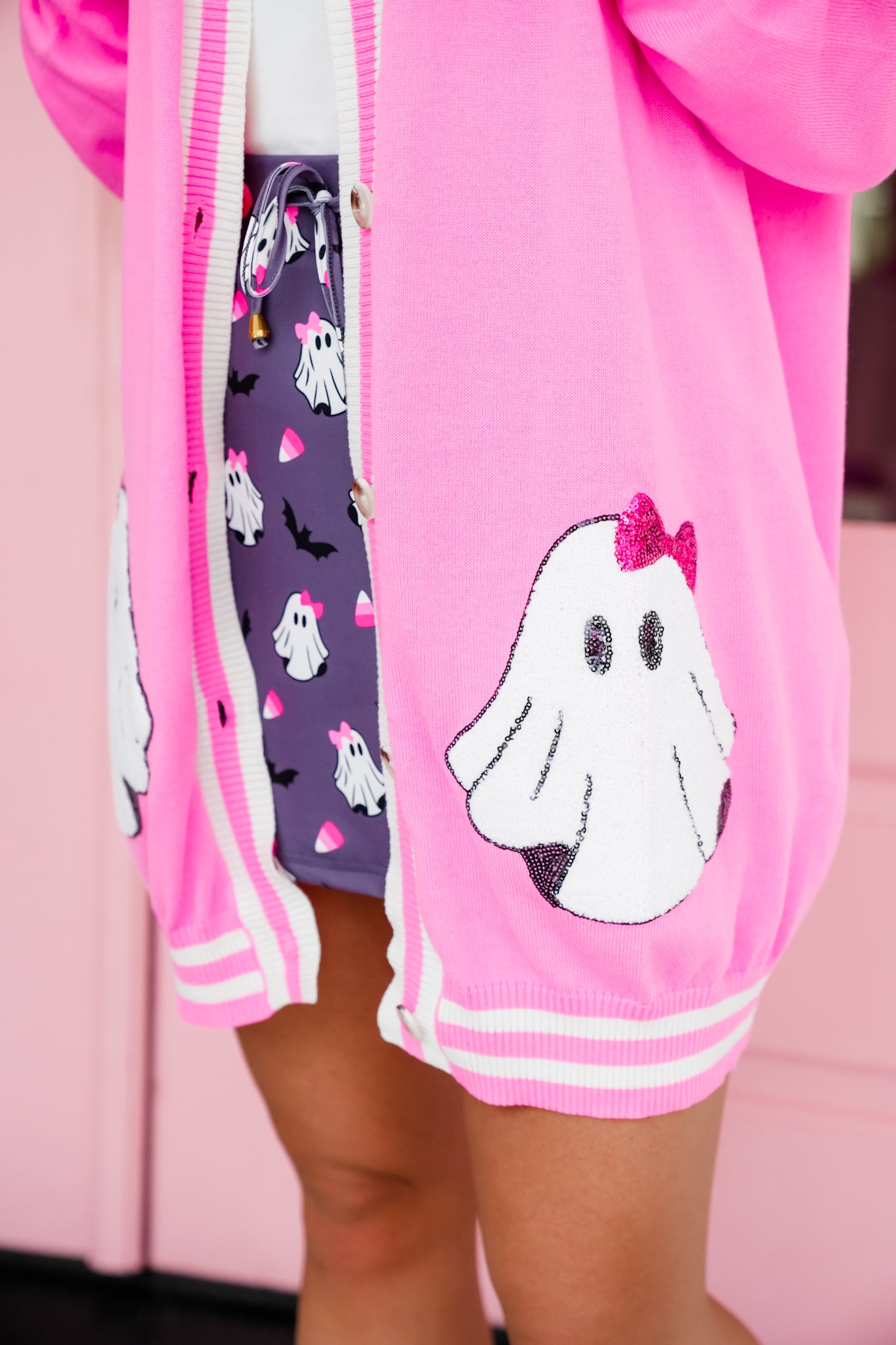 Plus/Reg Pink Long Sleeve Button Up Cardigan with Ghost