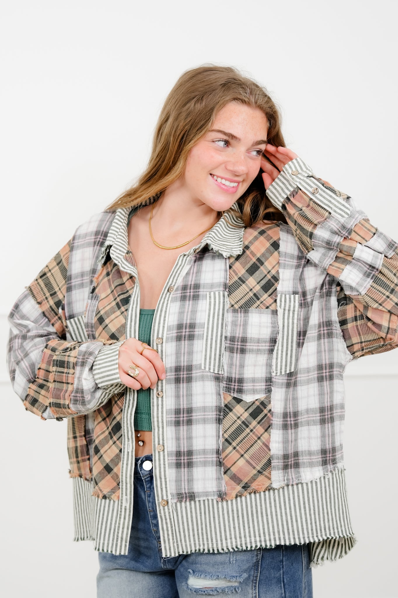 Plaid Pattern Long Sleeve Button Up Top