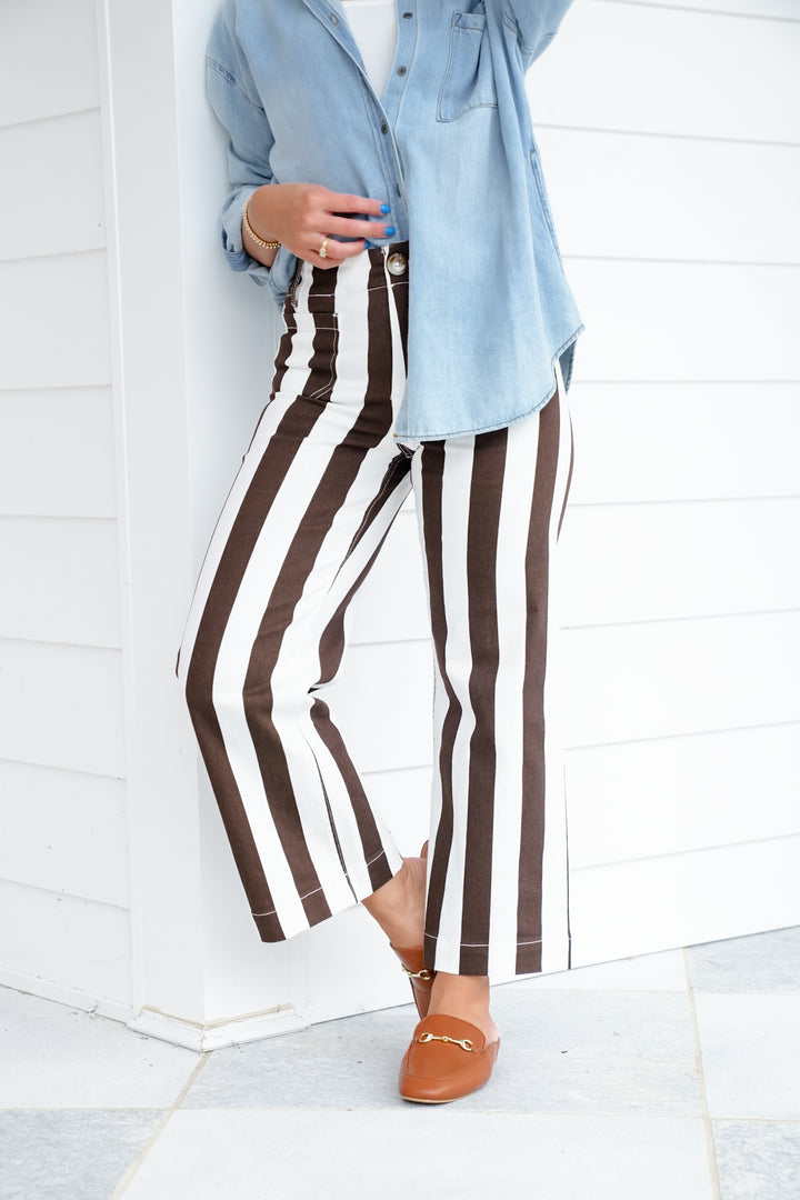 Mica High Rise Brown and Cream Striped Cropped Wide Leg Jeans