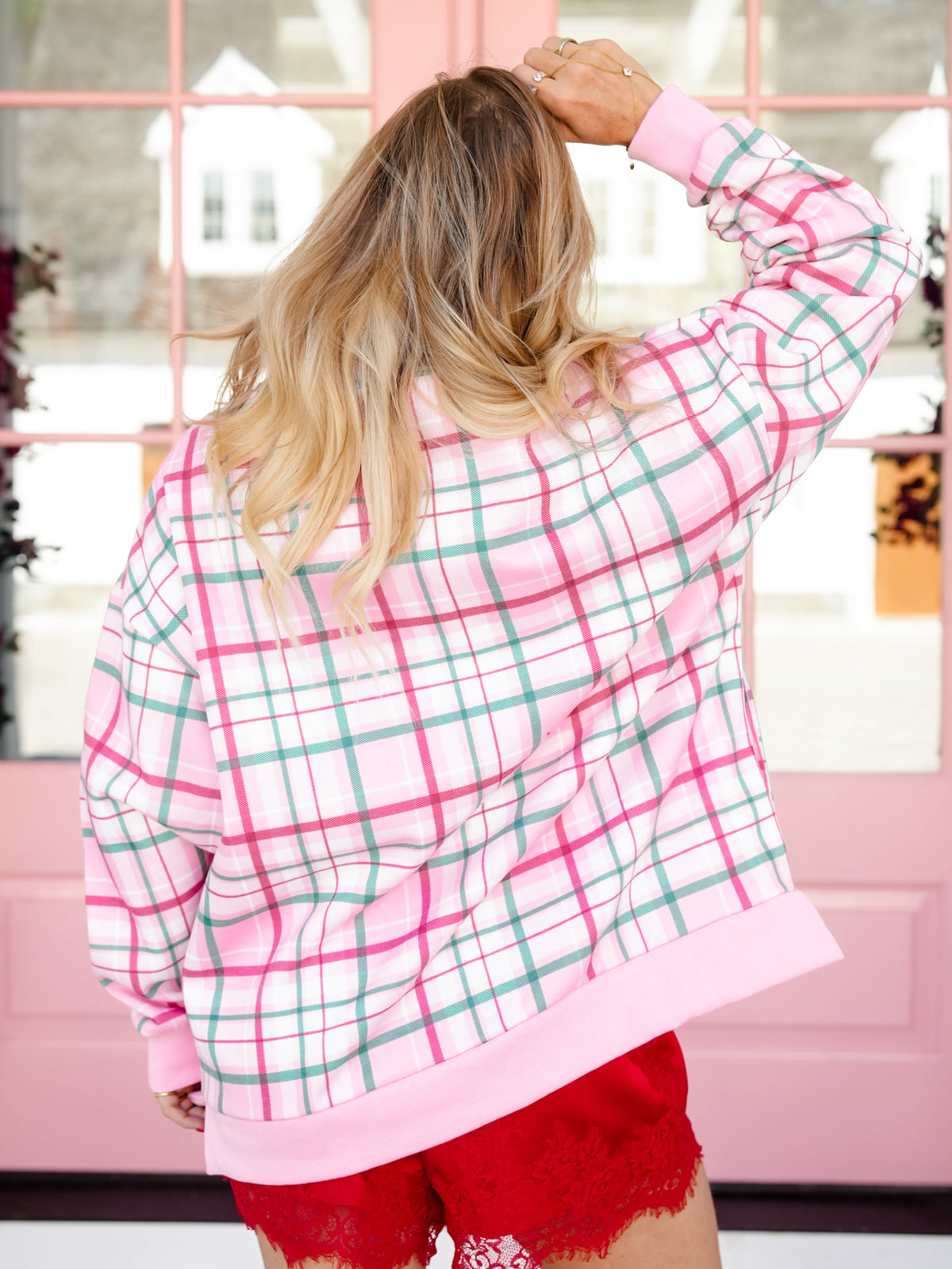 Plaid Print Merry Patch Mock Neck Sweatshirt