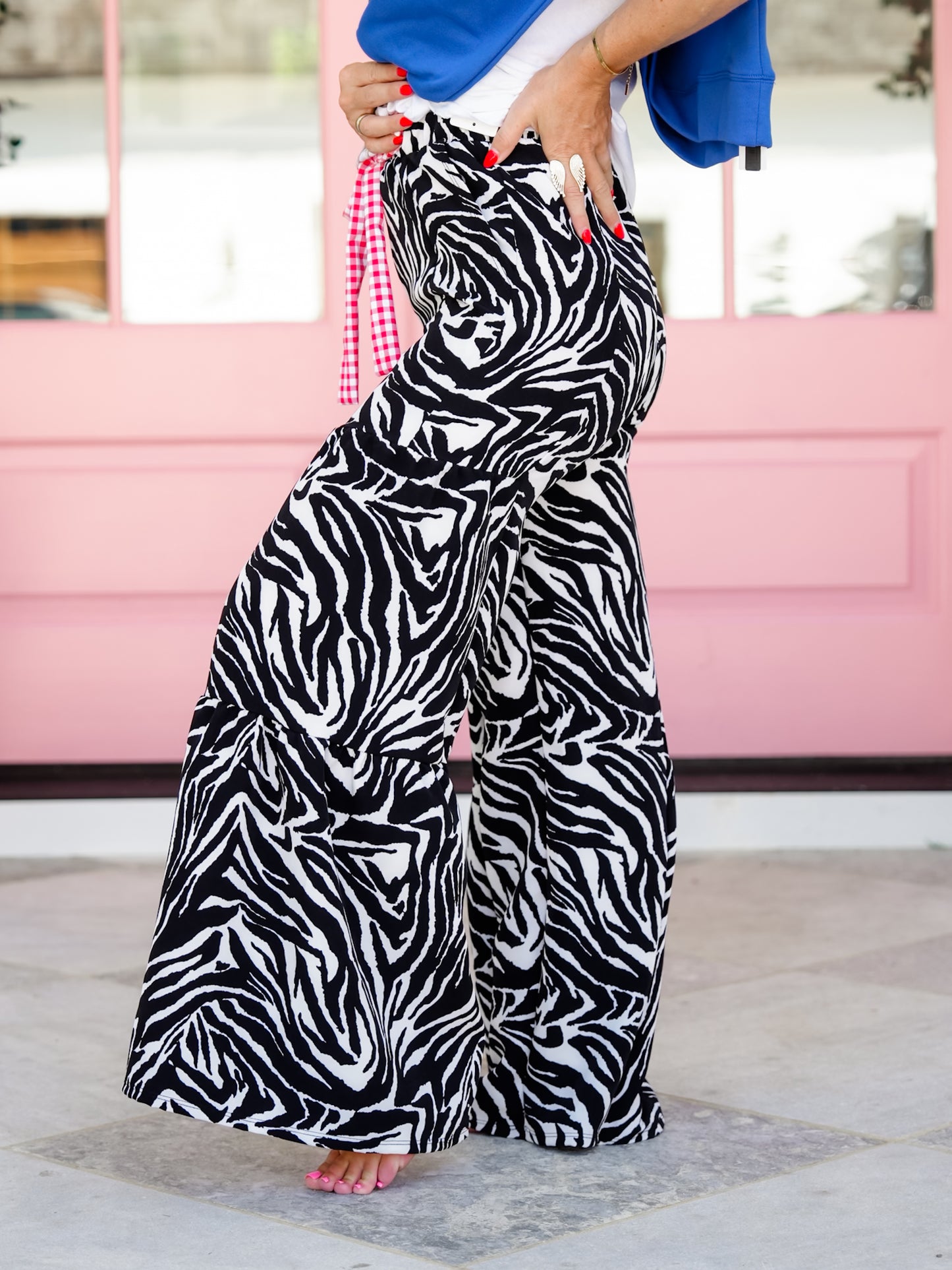 Plus/Reg Zebra Print Elastic Waist Tiered Wide Leg Pants