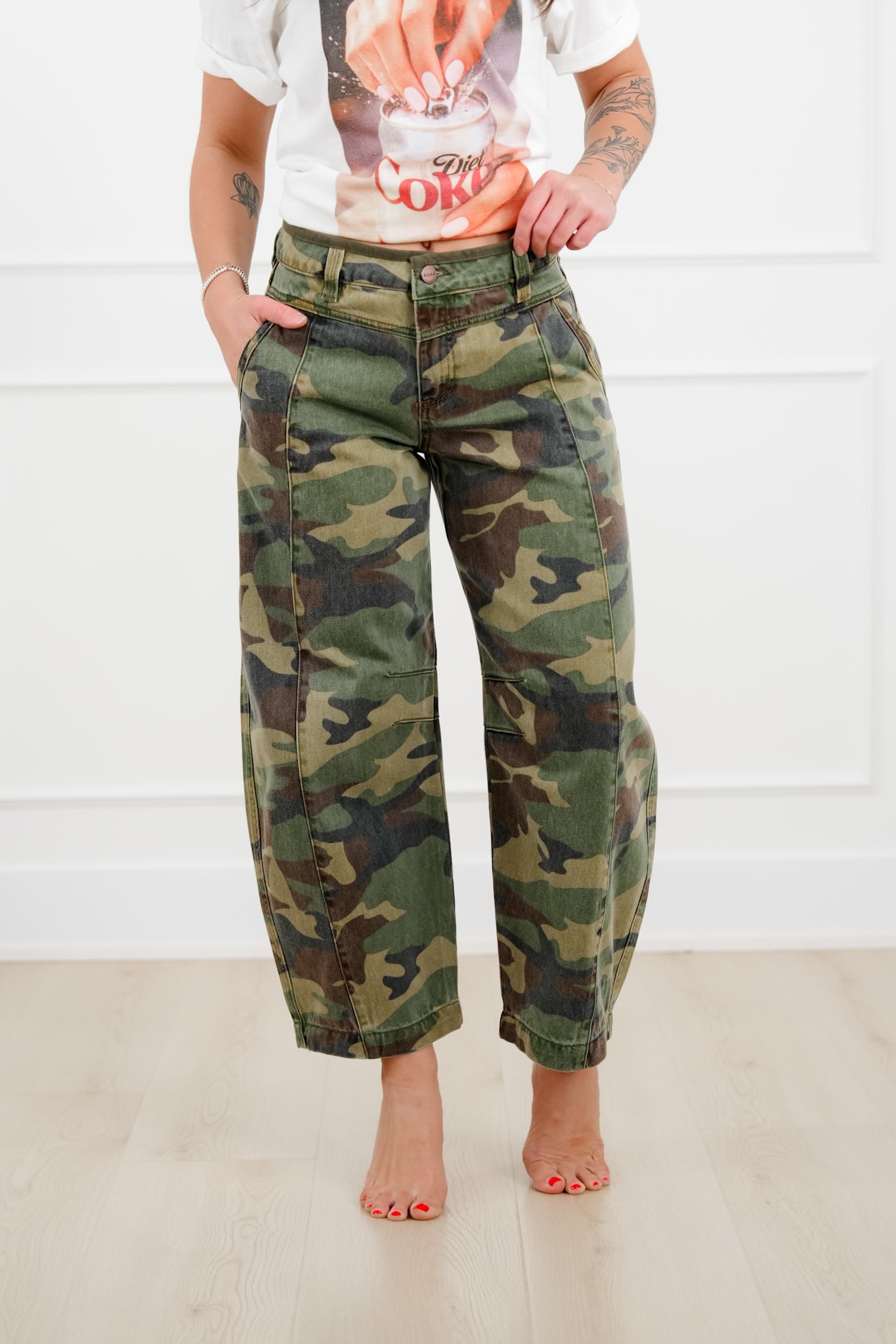 Risen Mid Rise Camo Ankle Barrel Pants
