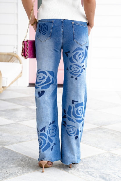 Medium Wash Denim Jeans with Rose Print Detail