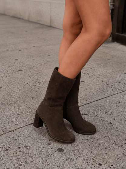 MIA Suede Mid Calf Block Heel Round Toe Boots - Freckled Poppy