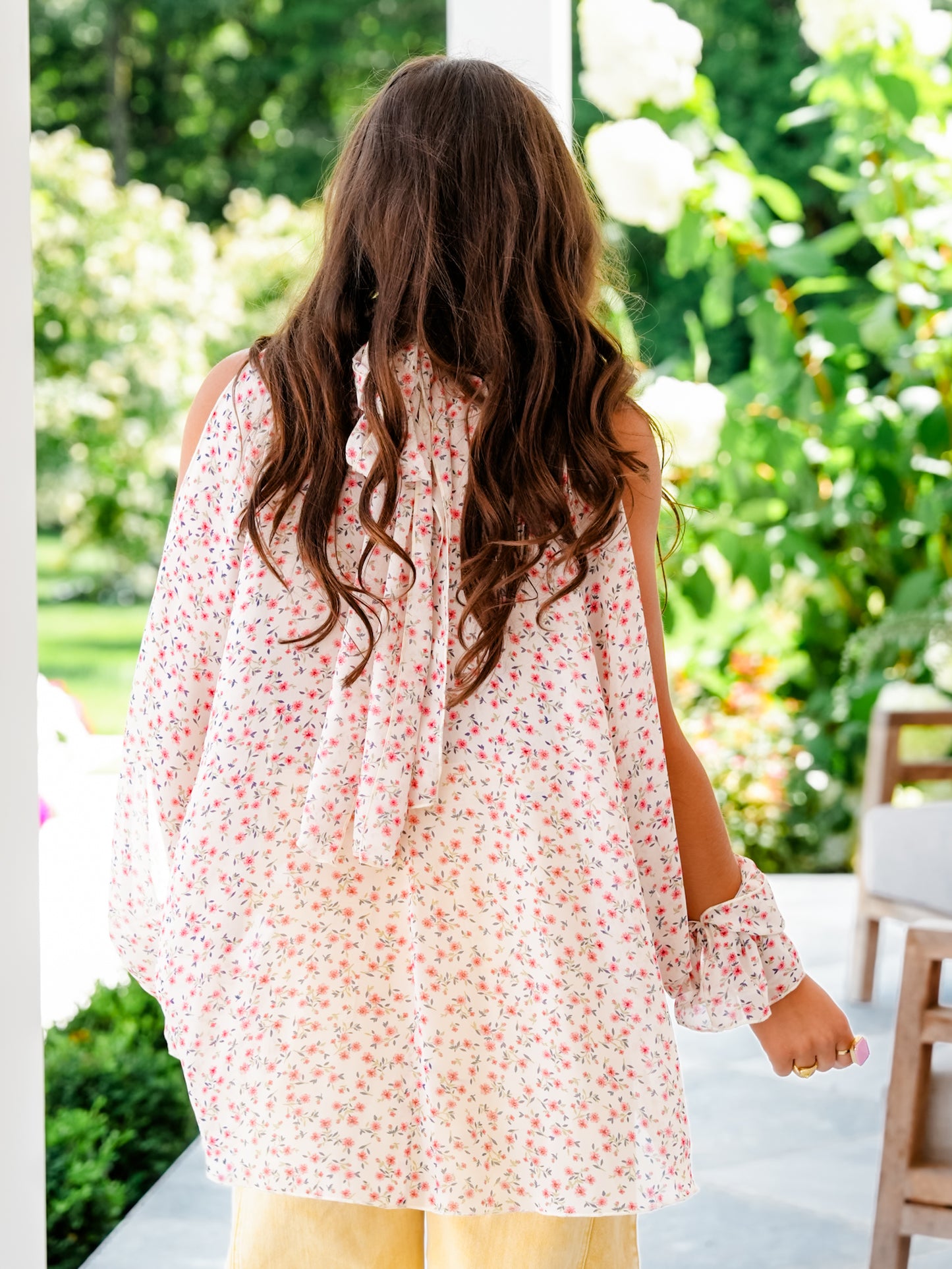 Floral Print Long Open Sleeve High Neck Top