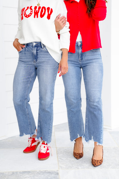 Risen High Rise Medium Wash Crop Straight Leg Jeans with Step Hem