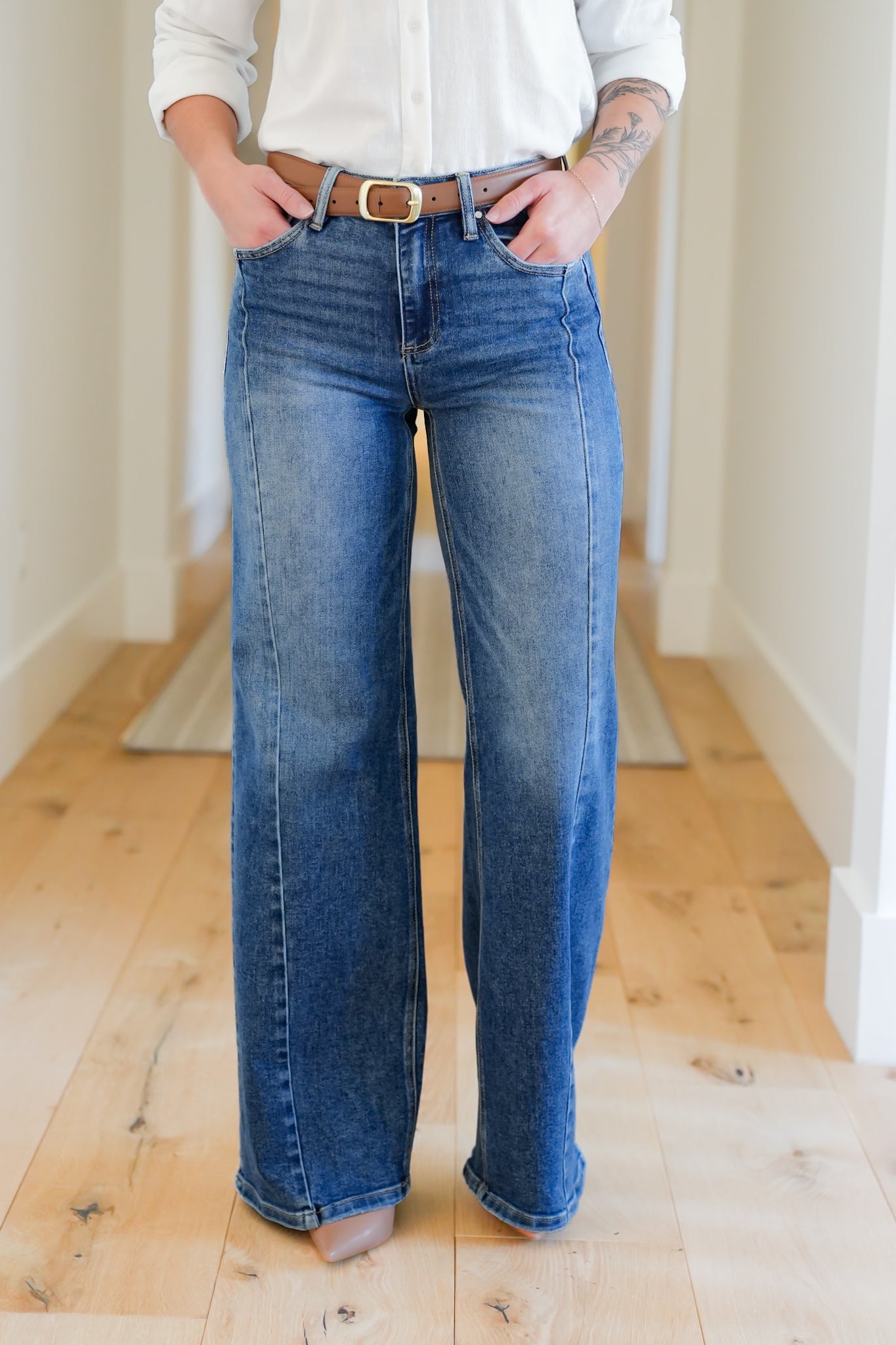 Risen Multi Inseam Dark Wash Wide Leg Seam Front Jeans