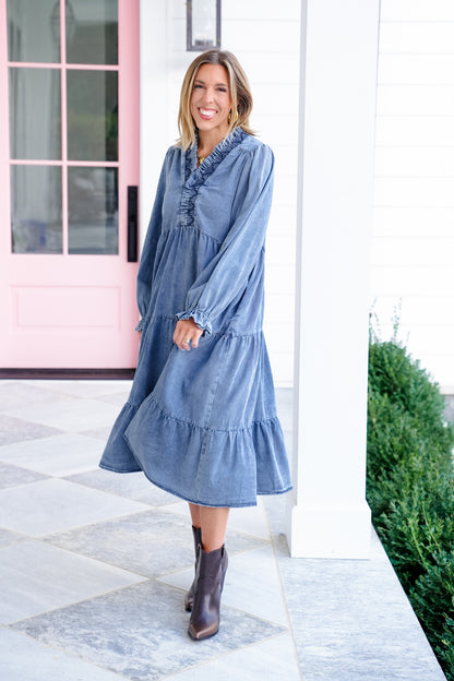 Long Sleeve Smock Neck Tiered Maxi Dress
