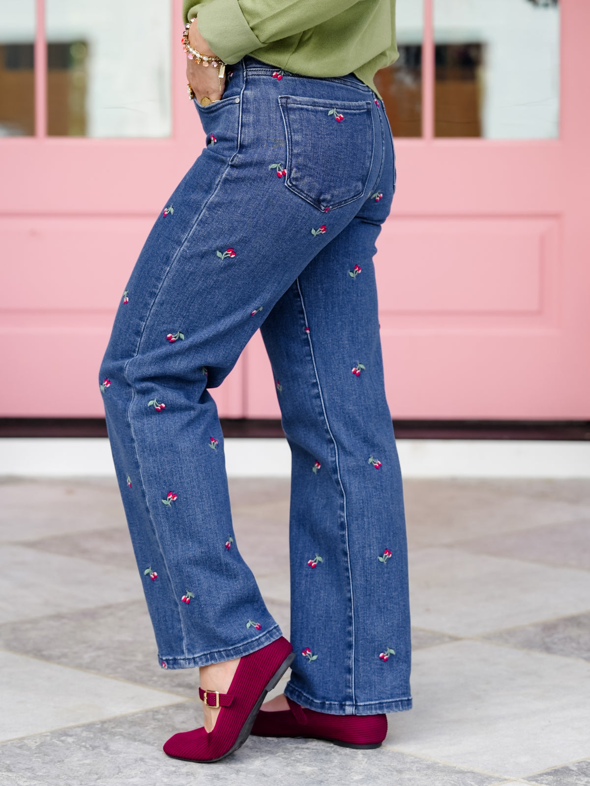 Risen High Rise Dark Wash Tummy Control Straight Leg Jeans With Embroidered Cherries
