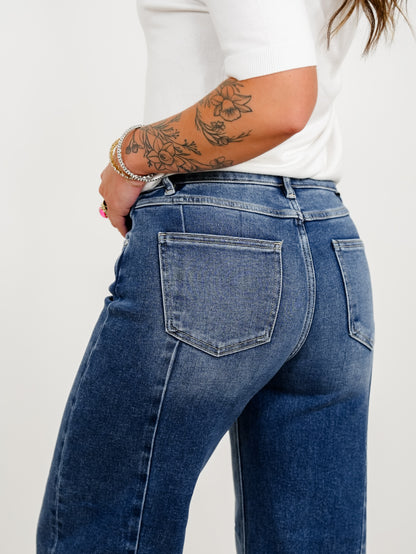 Restock! Risen The Willow Multi Inseam Dark Wash Wide Leg Seam Front Jeans