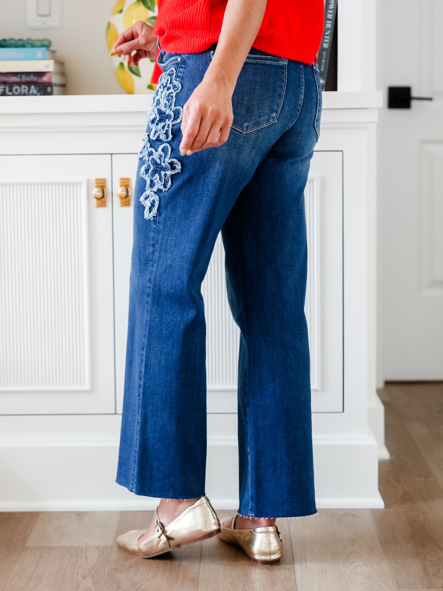 Risen Mid Rise Dark Wash Straight Leg Jeans with Flower Patch