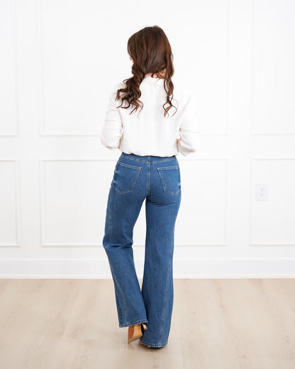Mica High Rise Dark Wash Tummy Control Side Panel Wide Leg Jeans