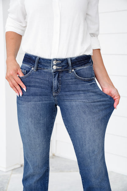 RFM Mid Rise Dark Wash Two Button Bootcut Jeans