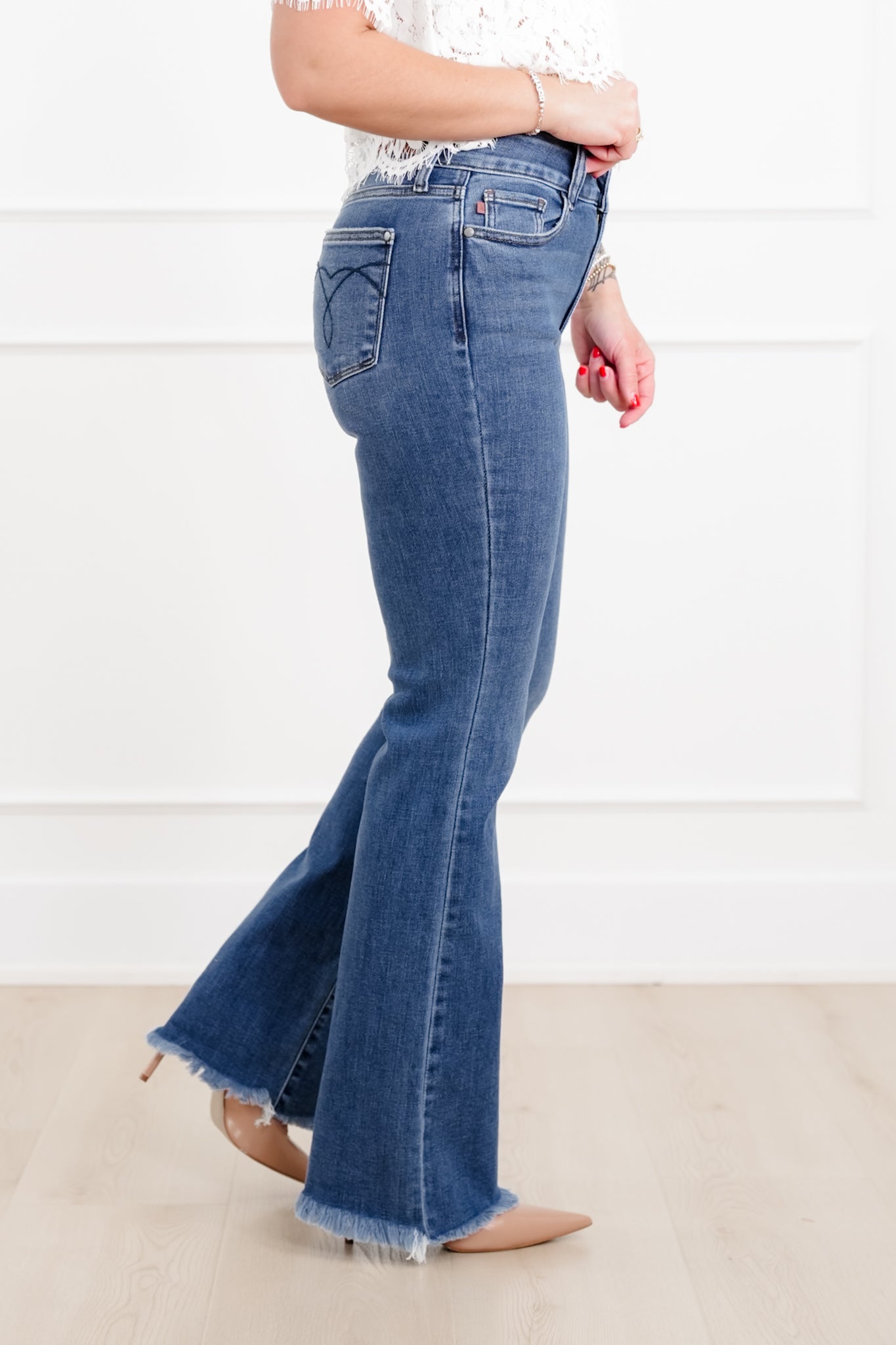 Judy Blue The Delilah High Rise Medium Wash Double Button Frayed Hem Bootcut Jeans