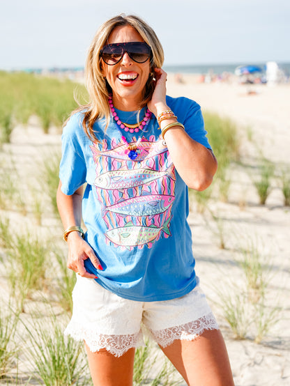 Plus/Reg Short Sleeve Colorful Fish Scicilian Stripe Graphic Tee - Freckled Poppy