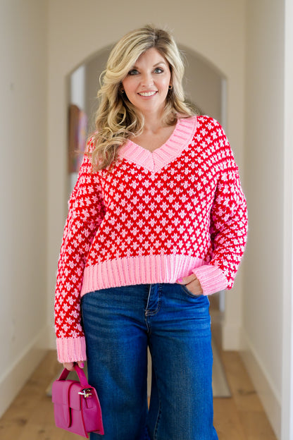 Textured Knit Long Sleeve V Neck Sweater