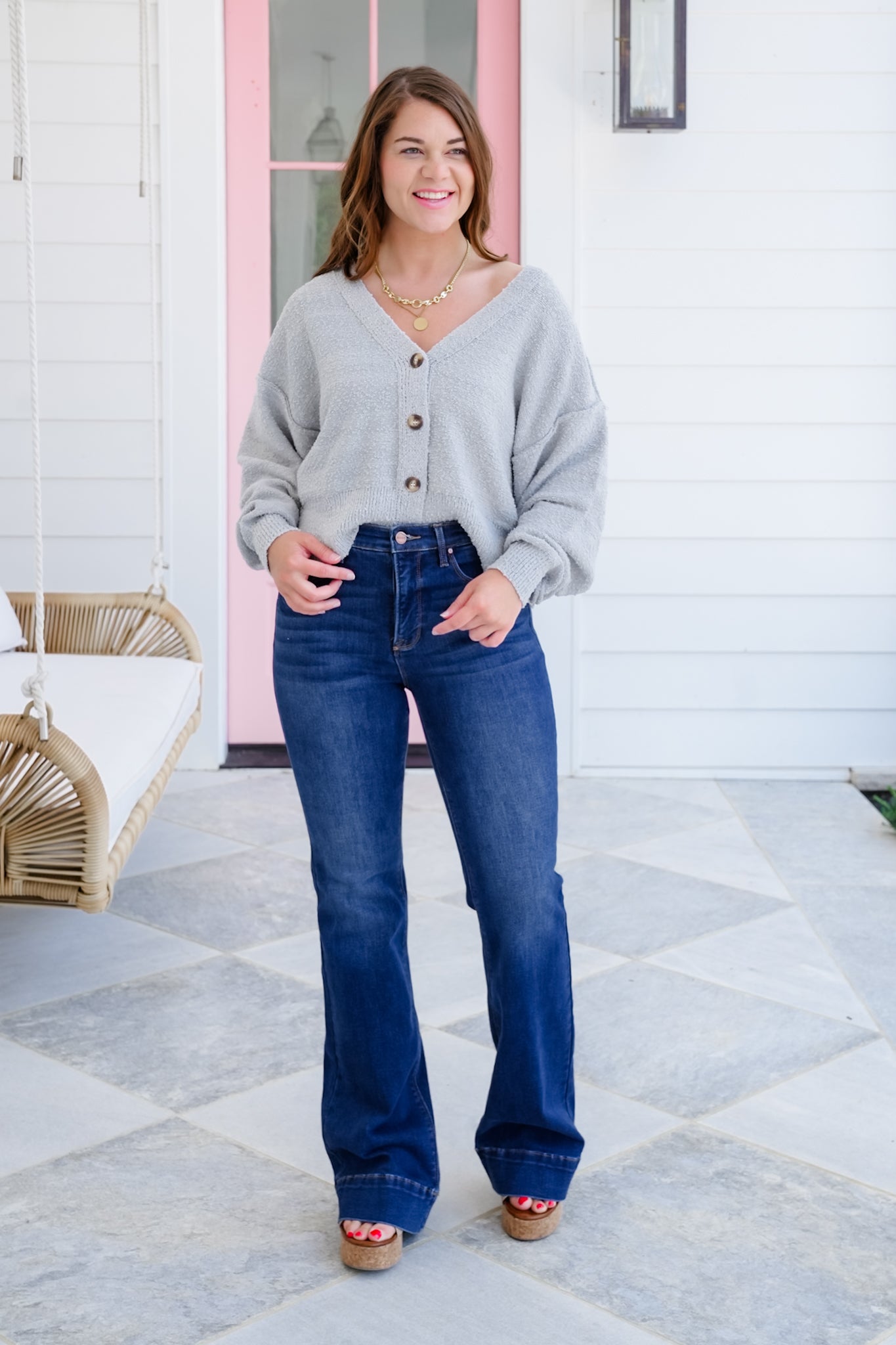 Plus/Reg Popcorn Long Sleeve Button Down Cardigan