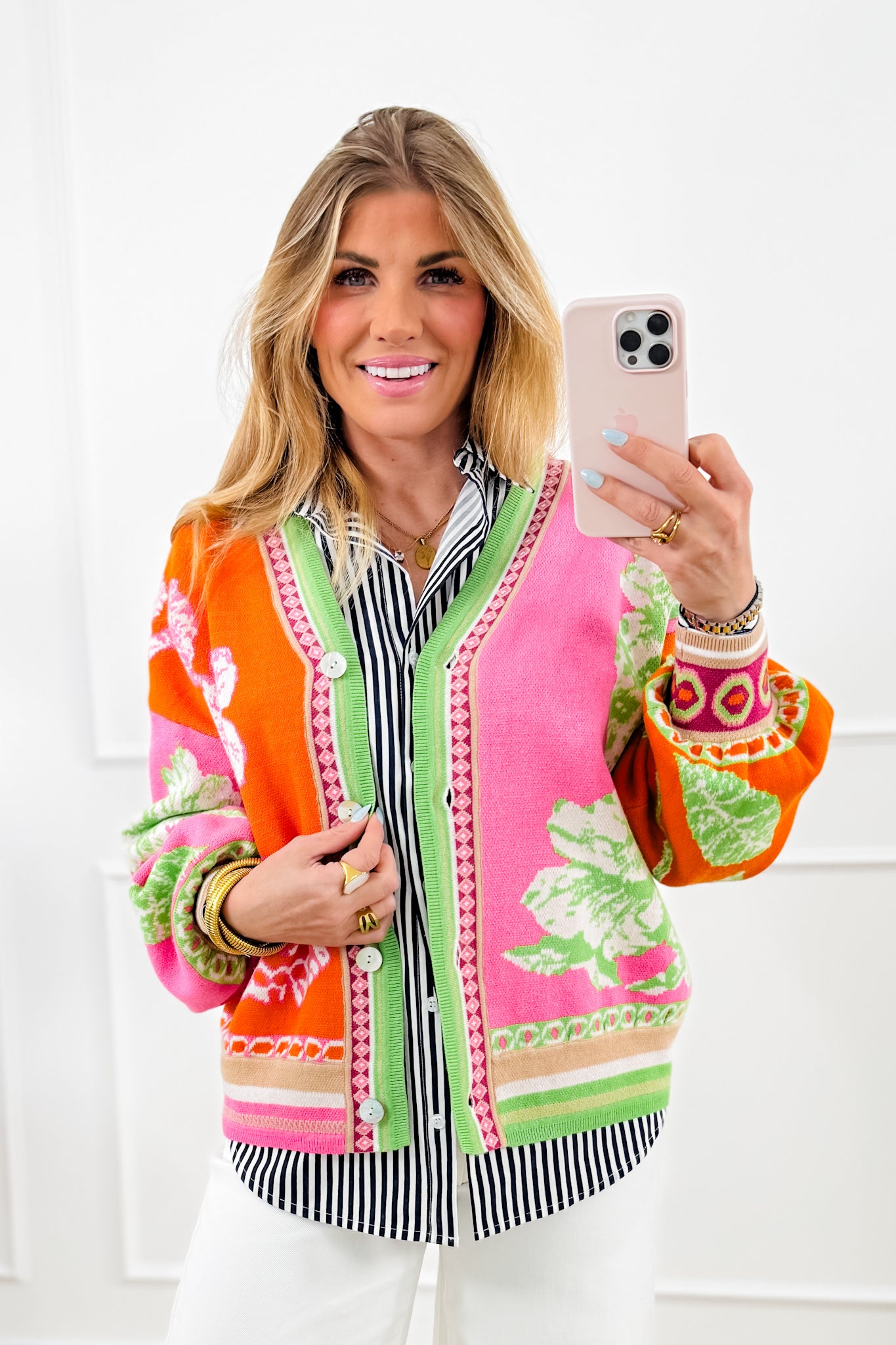 Color Block Floral Print Long Sleeve Button Down Cardigan