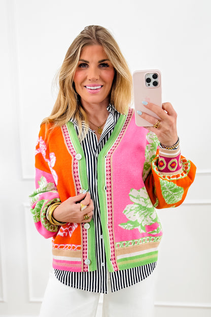 Color Block Floral Print Long Sleeve Button Down Cardigan