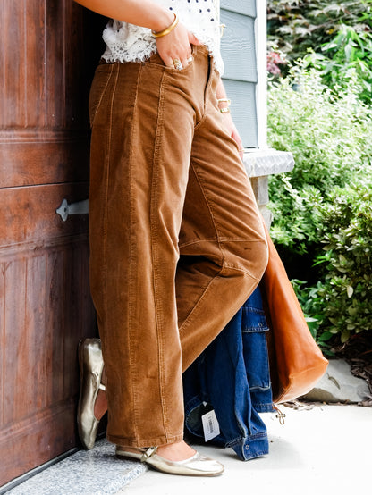 Risen High Rise Brown Corduroy Barrel Pants