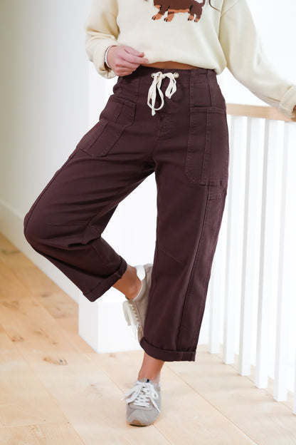 Risen High Rise Brown Wide Leg Barrel Cargo Jeans with Cuff