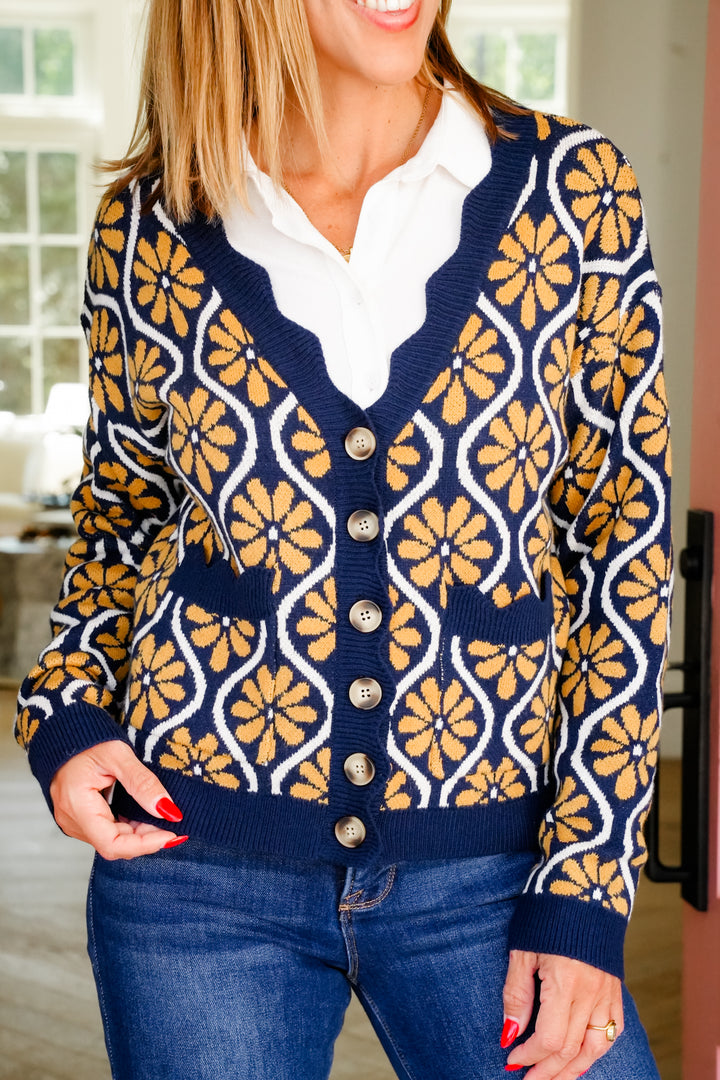 Floral Long Sleeve V Neck Cardigan