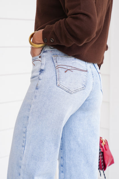 Saige High Rise Light Wash Tummy Control Wide Leg Jeans