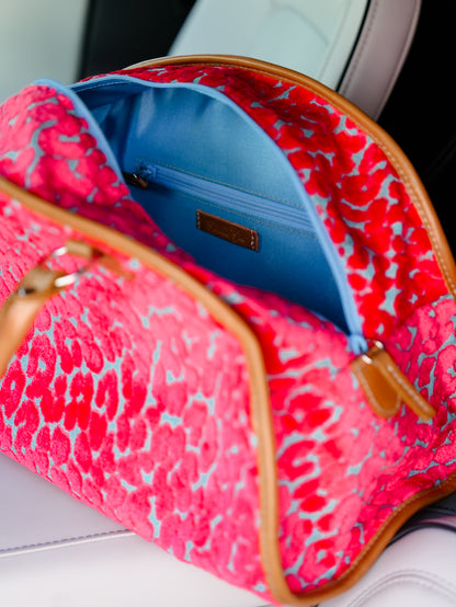 Coral/Turquoise Chenille Cheetah Bag