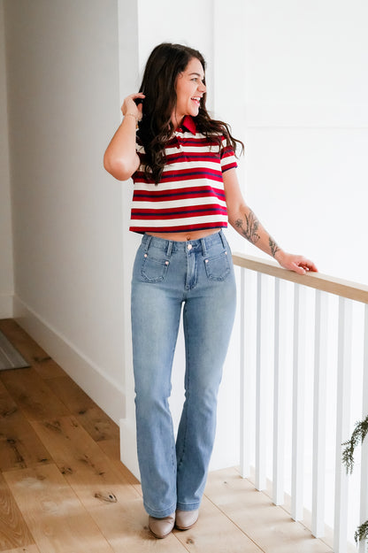 Judy Blue Mid Rise Medium Wash Bootcut Jeans with Front Patch Pockets