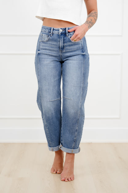 Restock! Risen The Hollis Rise Medium Wash Boyfriend Cuffed Barrel Jeans
