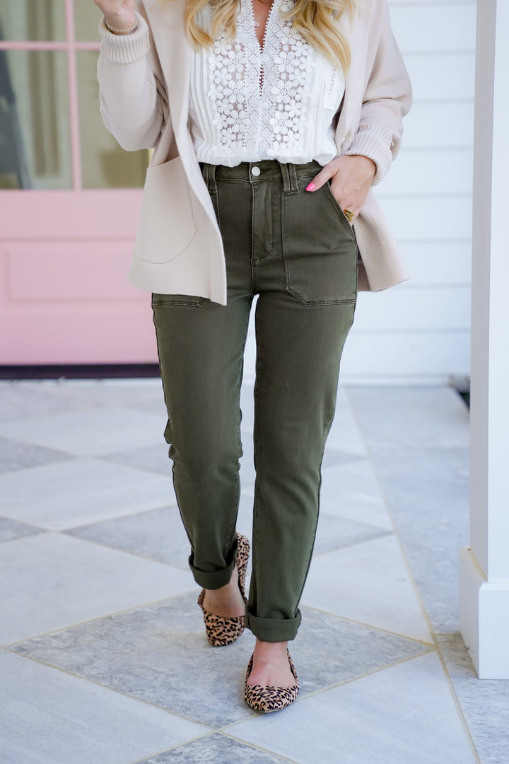 Judy Blue High Rise Green Cuffed Jeans