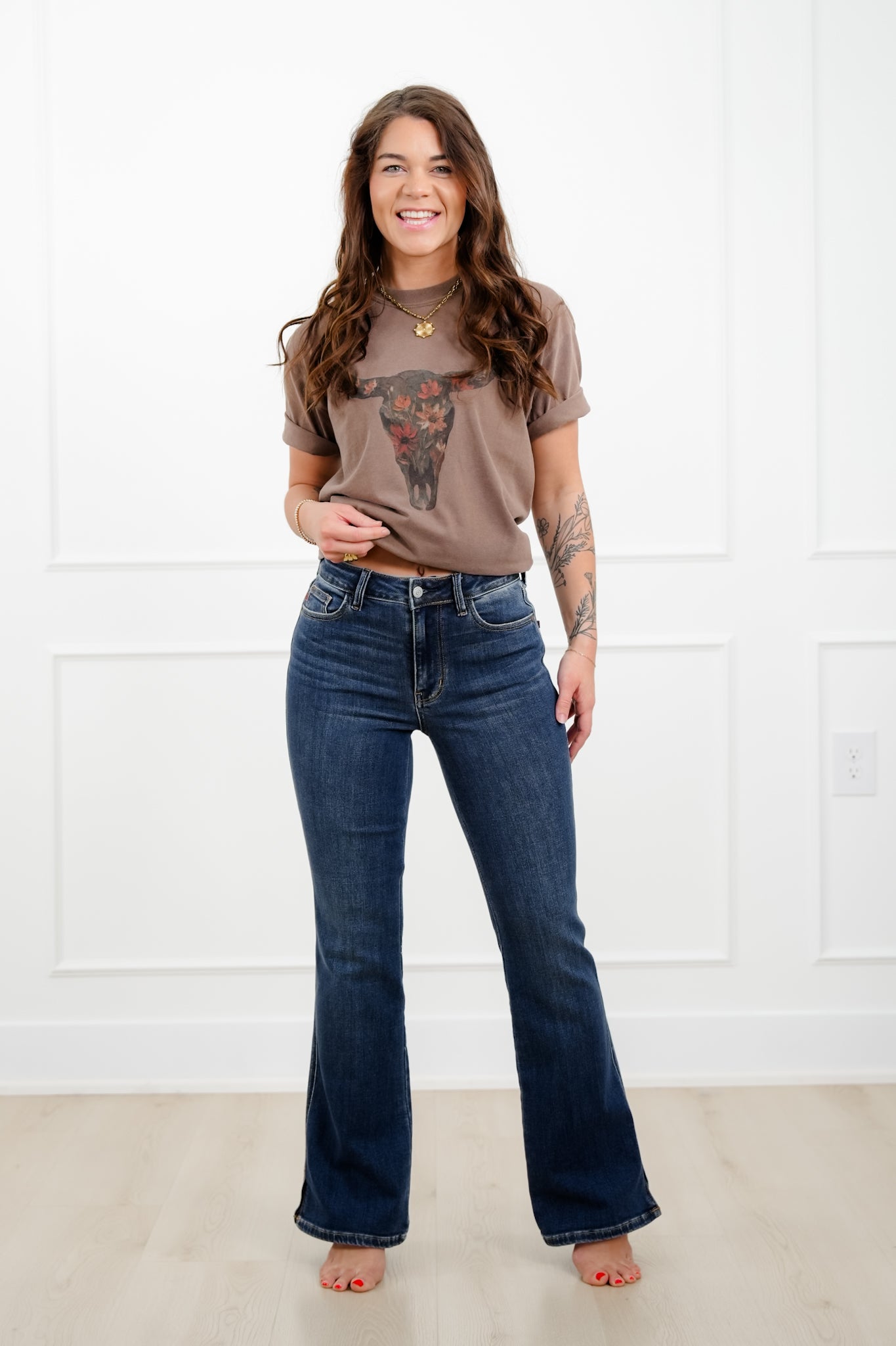 Judy Blue Mid Rise Dark Wash Bootcut Jeans with Slit and Cell Phone Pocket