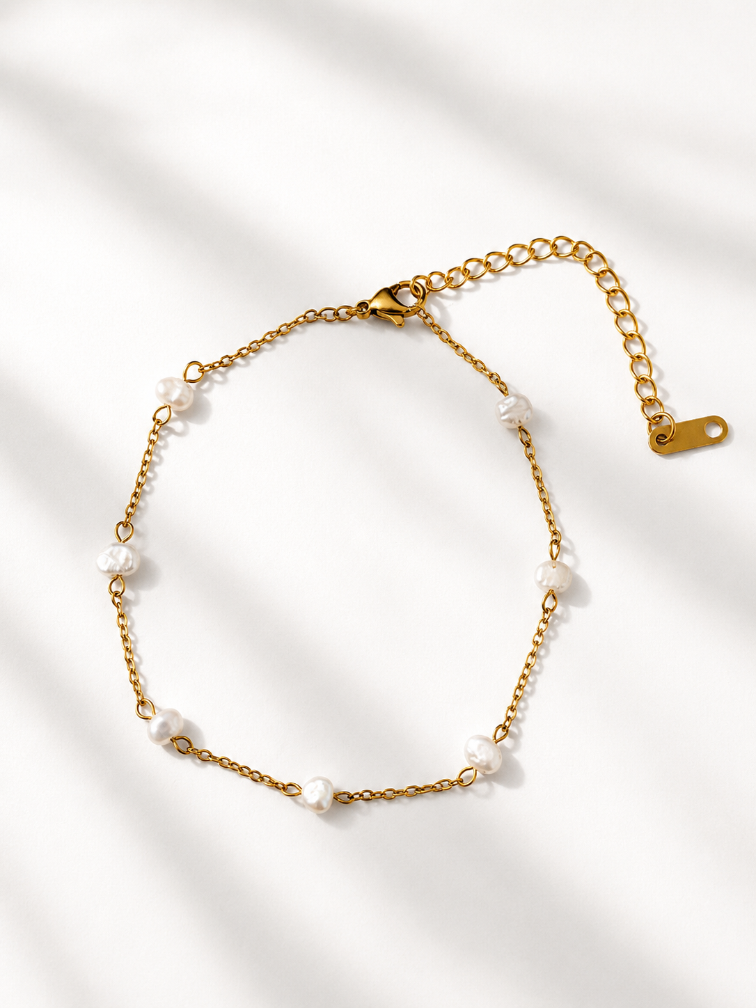 18K Gold Non Tarnish Pearl Station Anklet