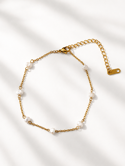 18K Gold Non Tarnish Pearl Station Anklet