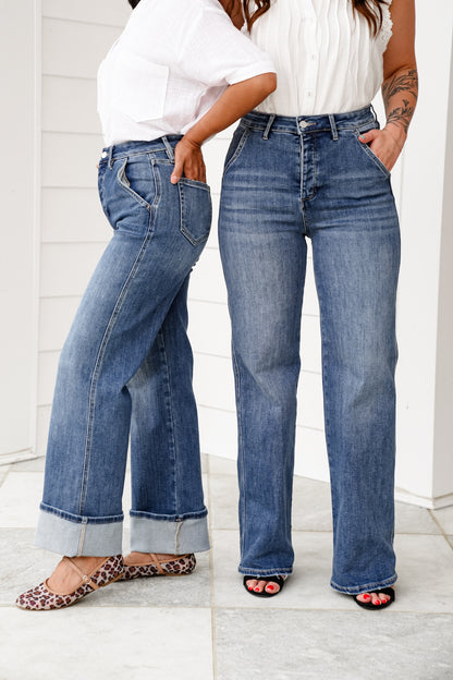 Mica High Rise Medium Wash Cuffed Wide Leg Jeans with Hidden Button Fly