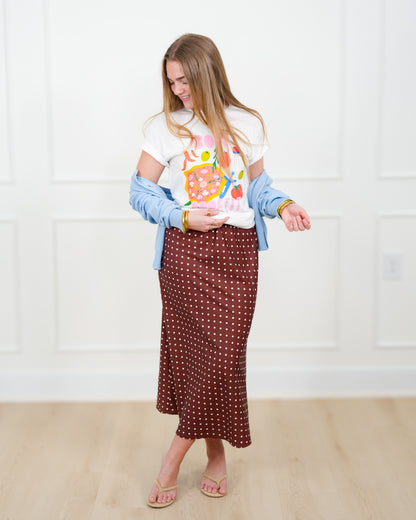 Satin Polka Dot Elastic Waist Midi Skirt